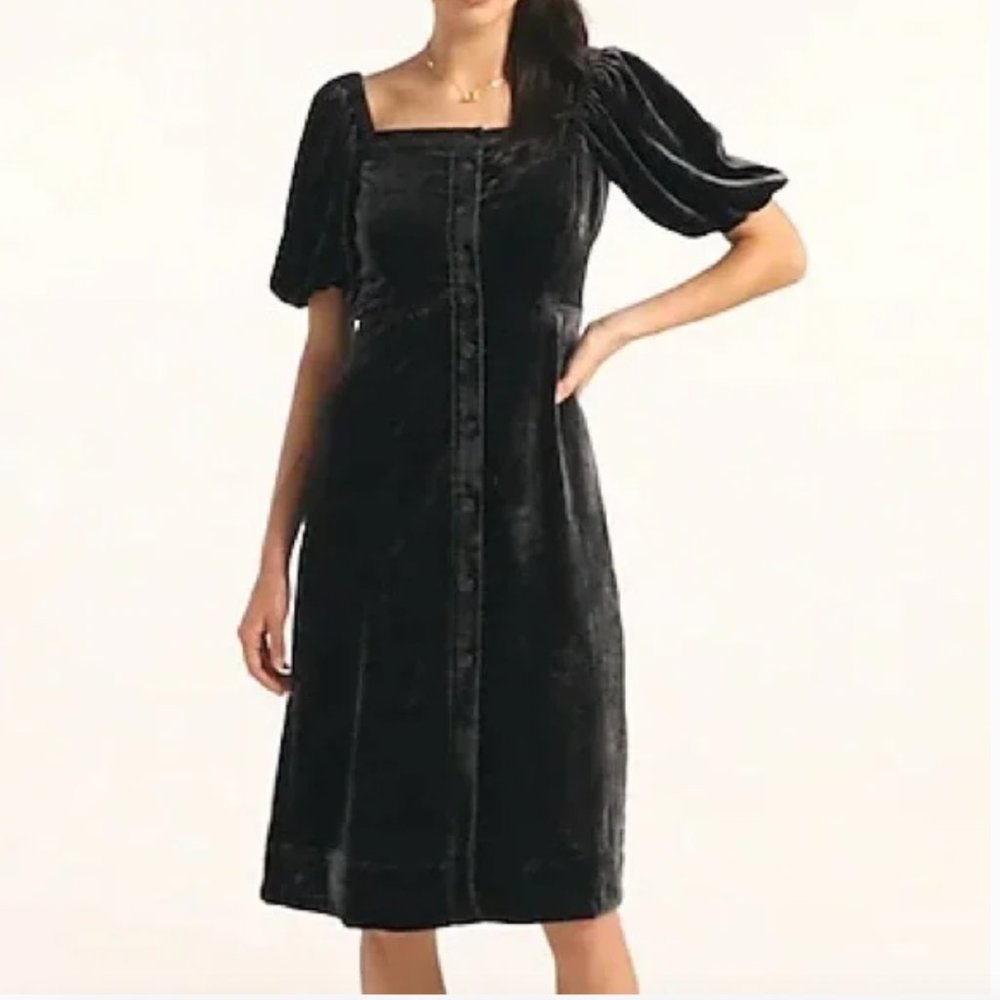 J. Crew Black Velvet Midi Dress with Puff Sleeves